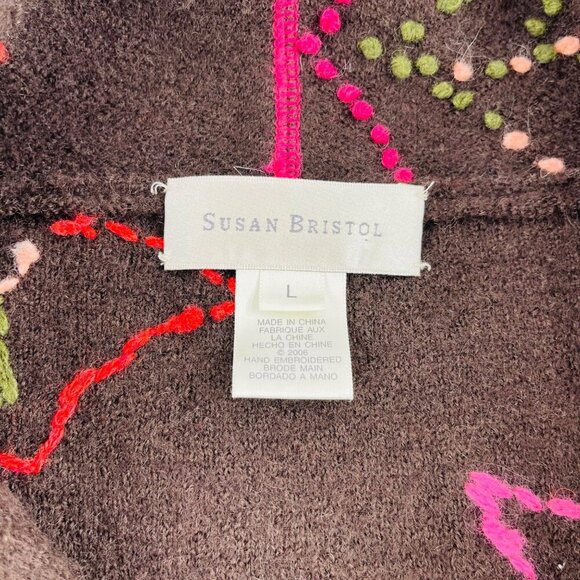 Susan Bristol Womens Large Hand Embroidered Wool Blend Brown Cardigan With Pink - Picture 2 of 6